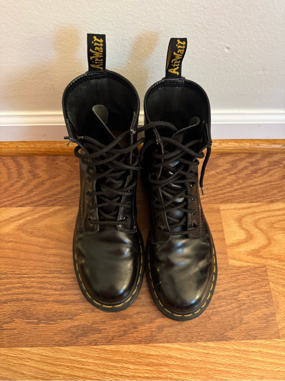 Dr. Martens Black Leather Lace-Up Boots with Yellow Stitching